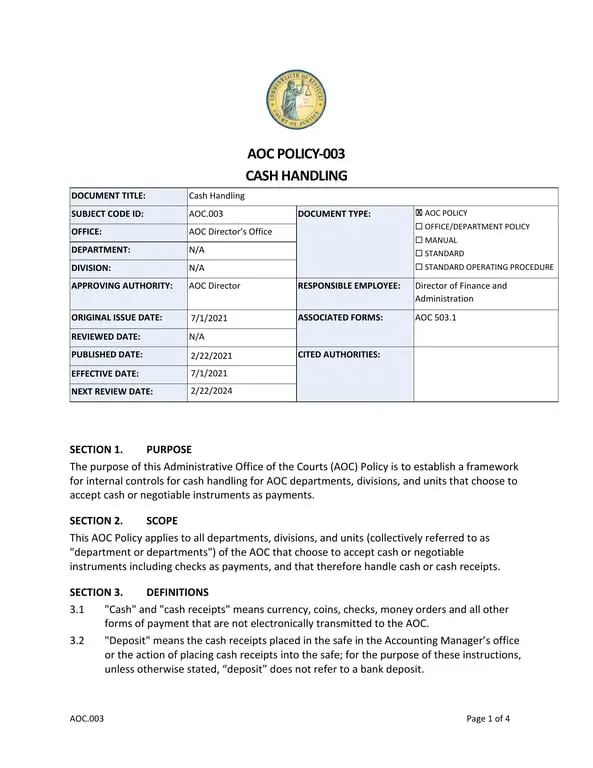 Get the most current AOC Policy-003 Cash Handling form now