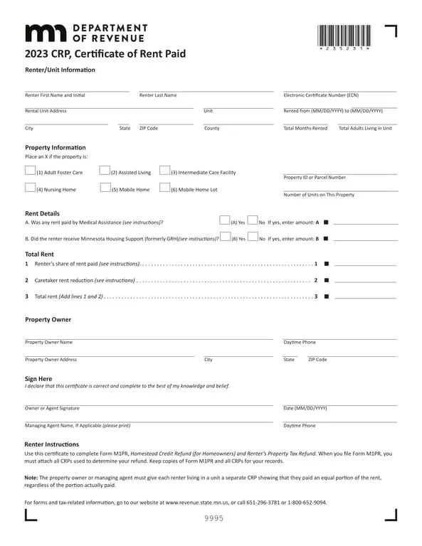 Get the most current Minnesota 2023 CRP - Certificate of Rent Paid for Tax Refunds form now