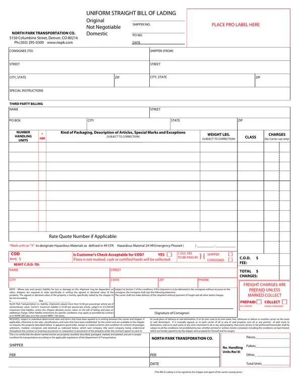 Get the most current Colorado Uniform Straight Bill of Lading - NOPK 500 Rules & NMFC 100 Series Adjustments form now