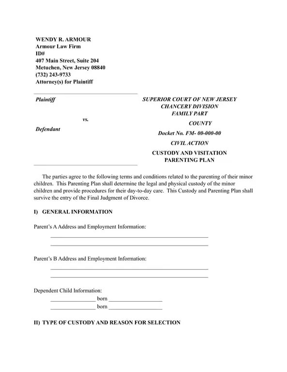 Get the most current Joint Custody and Parenting Plan Documentation form now