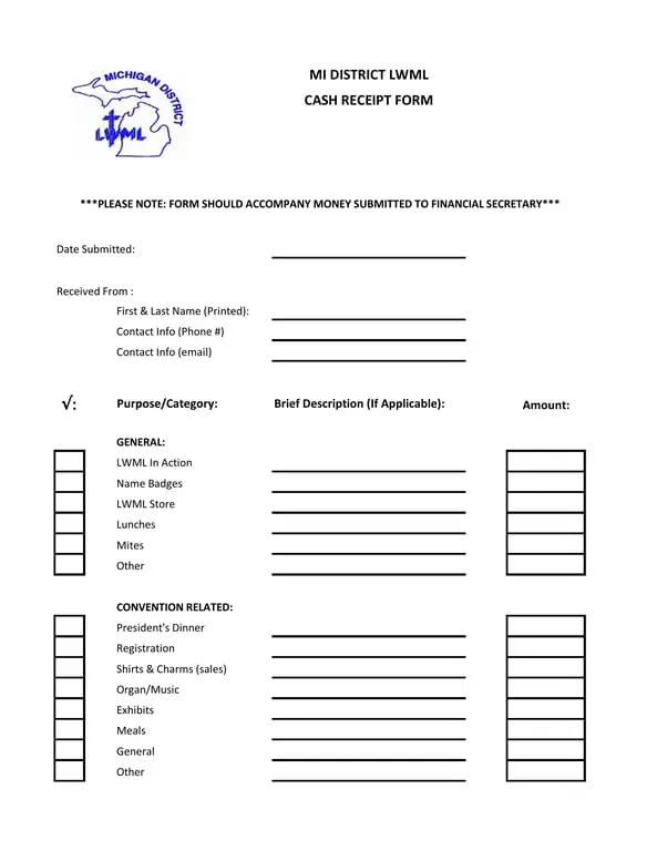 Get the most current Michigan District LWML Cash Receipt for Financial Transactions form now
