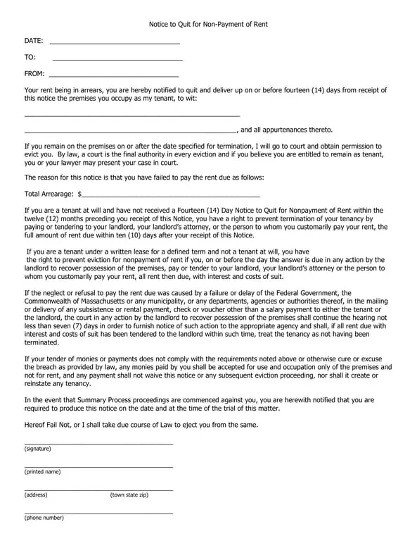 Get the most current Massachusetts 14-Day Eviction Notice for Non-Payment of Rent form now