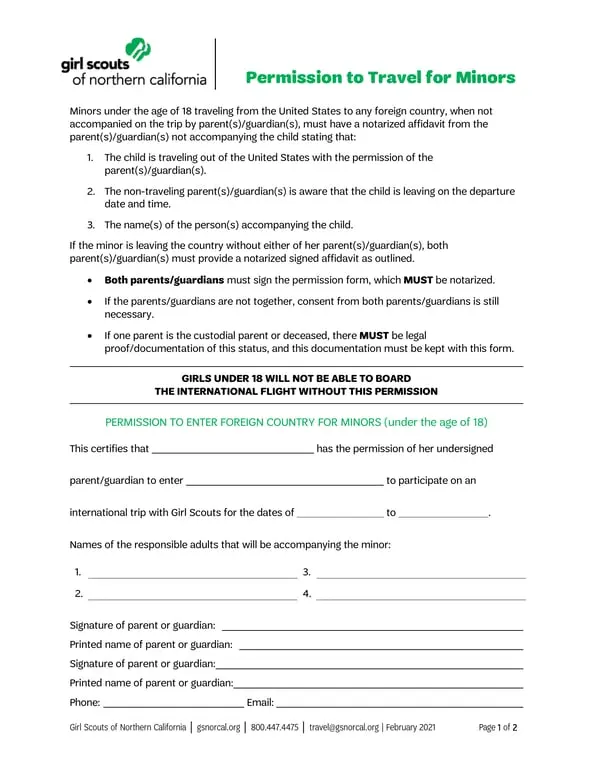 Get the most current California Minor Travel Permission - Notarized Approval from Girl Scouts of Northern California form now