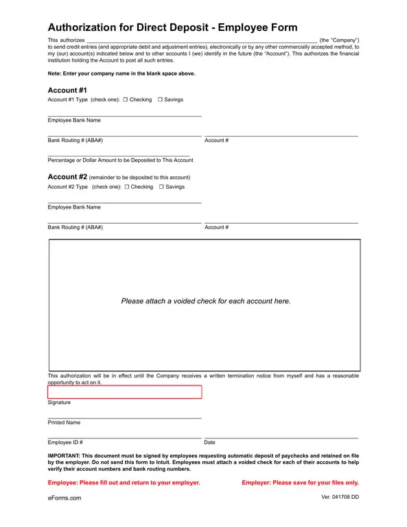 Get the most current Employee Direct Deposit Authorization - Account and Payment Details form now