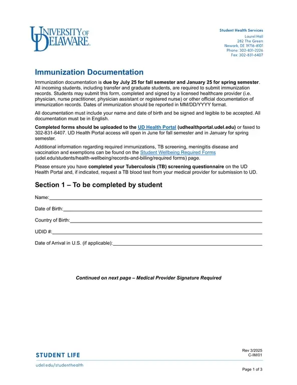 Get the most current Delaware Student Immunization Documentation C-IM/01 - UD Health Portal Submission form now