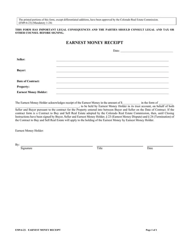 Get the most current Colorado Real Estate Earnest Money Receipt Assurance form now