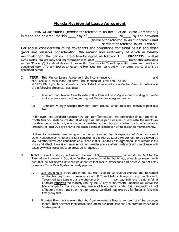 Get the most current Florida Residential Lease Agreement - Legal Contract for Property Rental form now