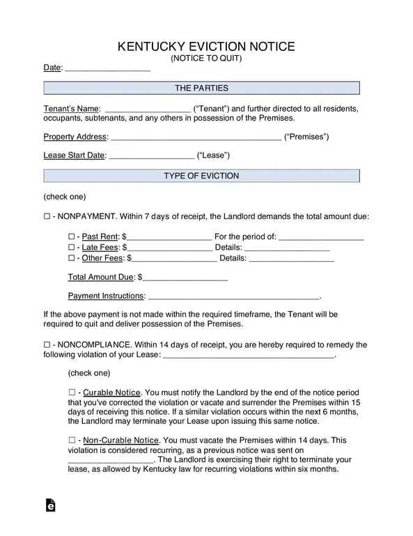 Get the most current Kentucky Notice to Quit - Nonpayment or Noncompliance Evictions form now