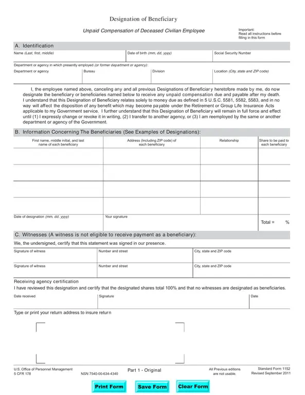 Get the most current Designation of Beneficiary for Unreceived Compensation SF 1152 form now