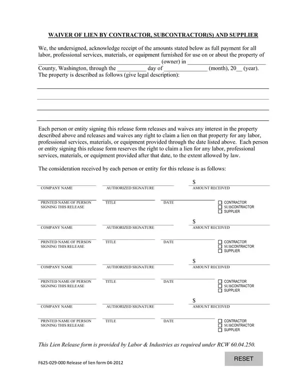 Get the most current Washington F625-029-000 Contractor's Lien Release form now