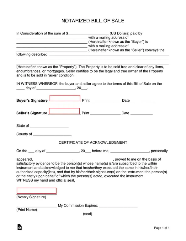 Get the most current Notarized Bill of Sale Agreement for Property Transactions form now