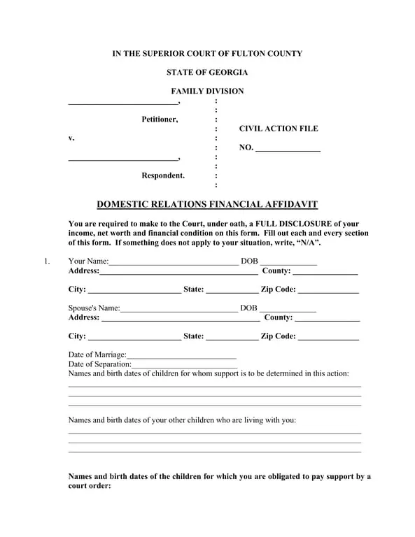 Get the most current Georgia Domestic Relations Financial Affidavit for Superior Court Family Division form now
